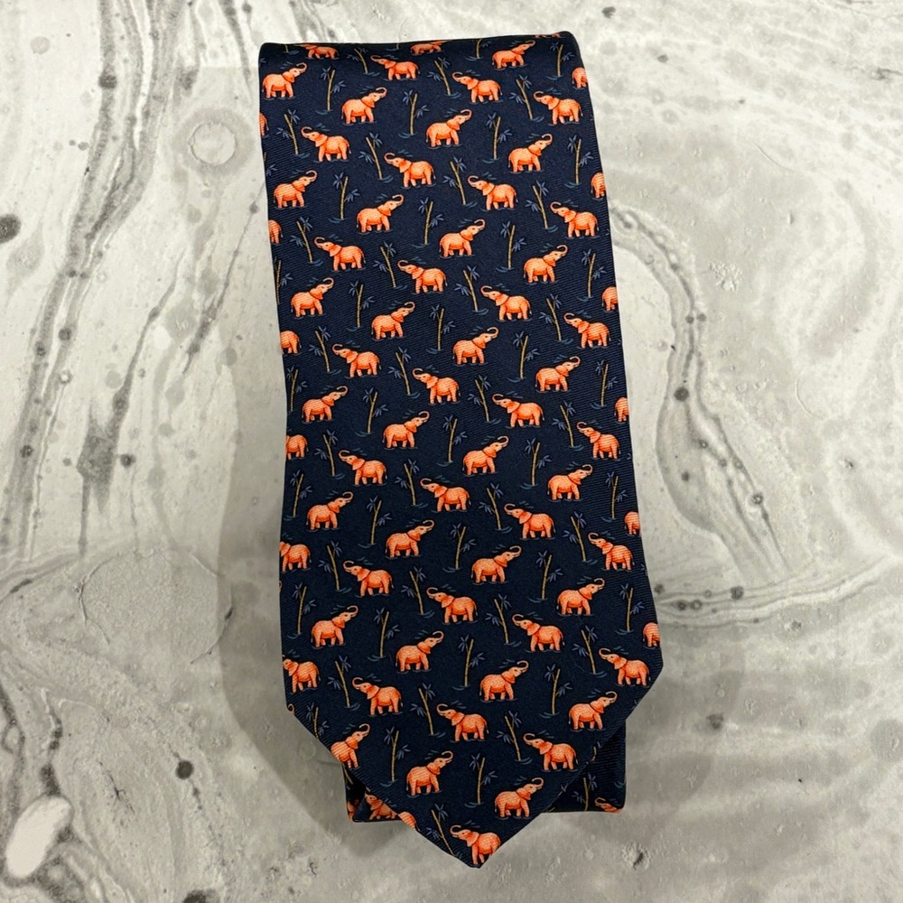 Brooks Brothers Navy Tie with Pink Elephant Bamboo Design 100% Silk NWT